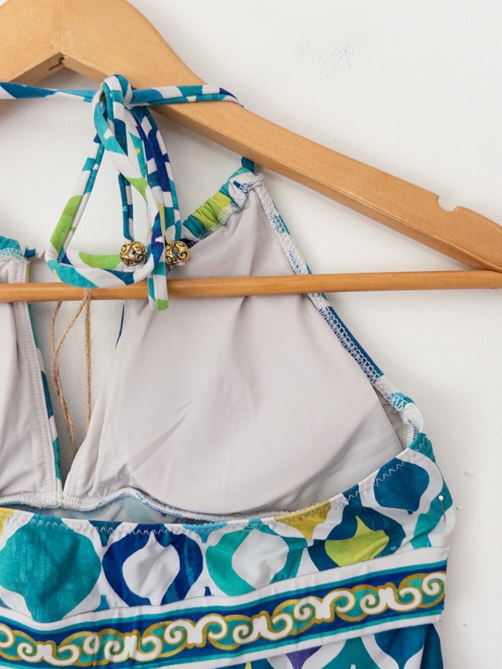 Trina Turk Tankini Swimsuit Size 6/8 Blue Green Geometric Halter 2 Piece 2000s - Picture 10 of 16